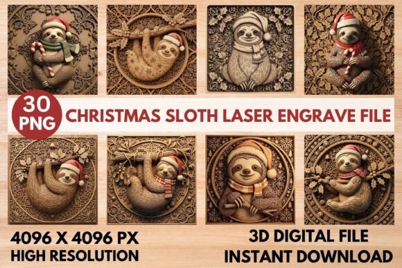 3D Christmas Sloth Laser Engrave File: Festive Relief Art