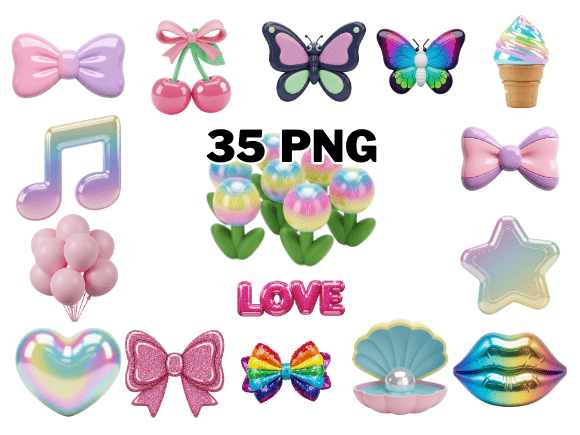 Kawaii Pastel 3D Glossy Icons PNG Set for Designers